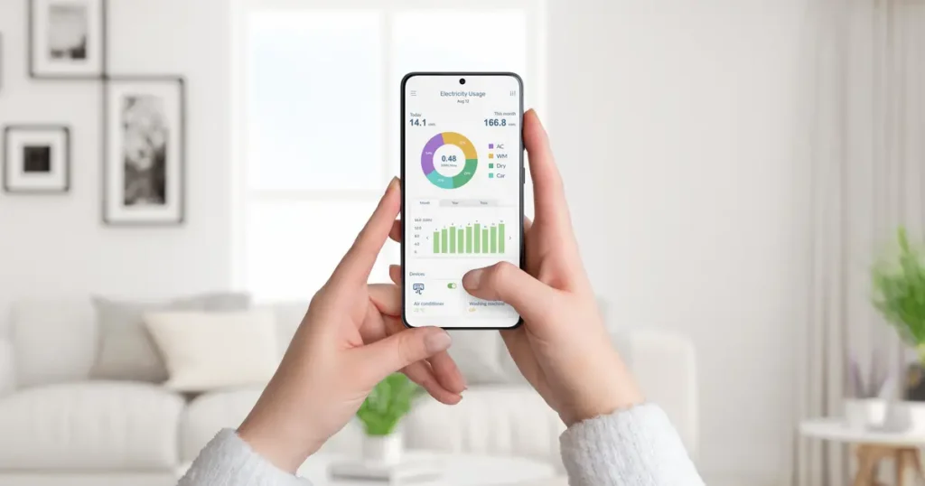 Hands holding smart phone with energy app